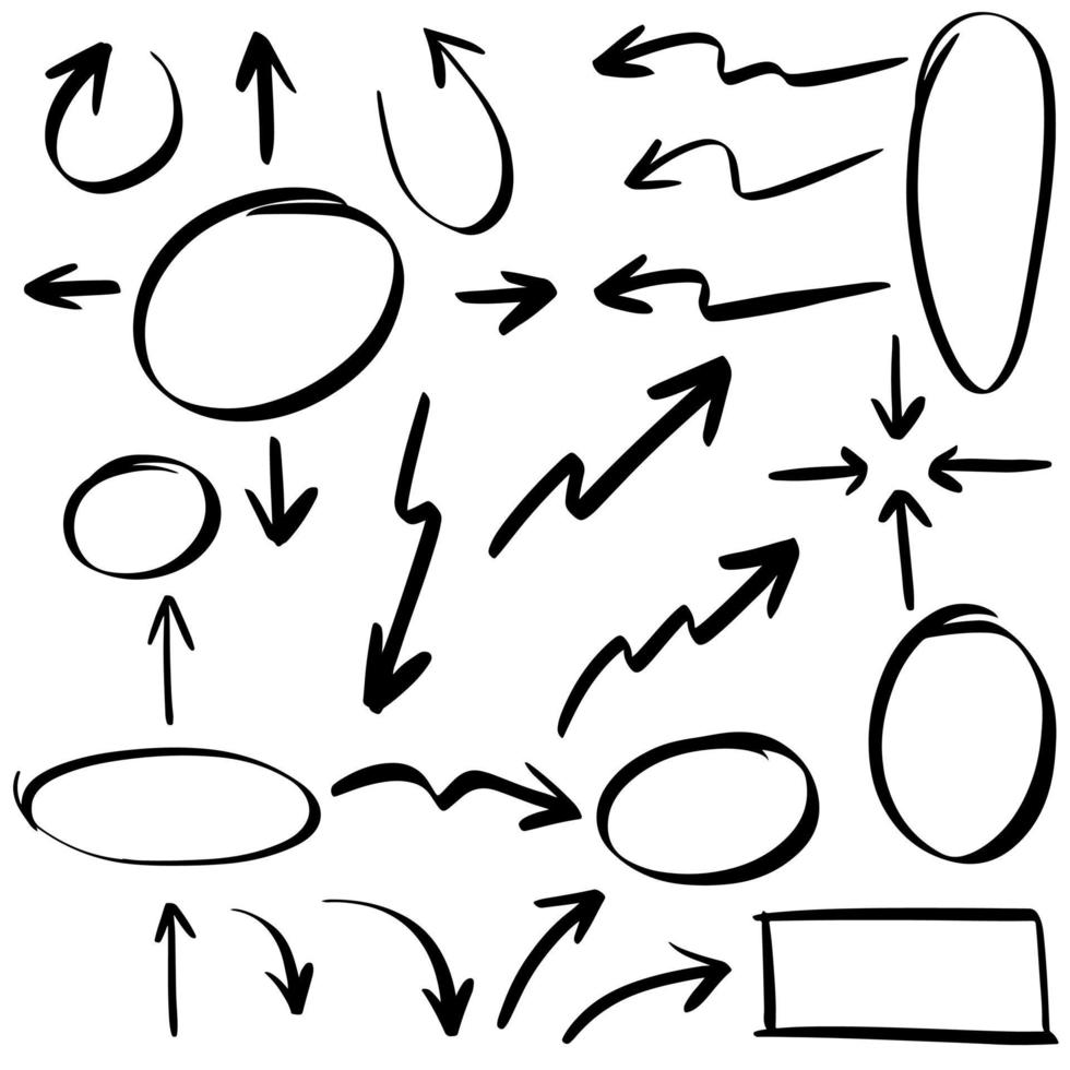 Gekritzellinien, Pfeile, Kreise und Kurven vector.hand gezeichnete Gestaltungselemente lokalisiert auf weißem Hintergrund für Infografik. Vektor-Illustration. vektor