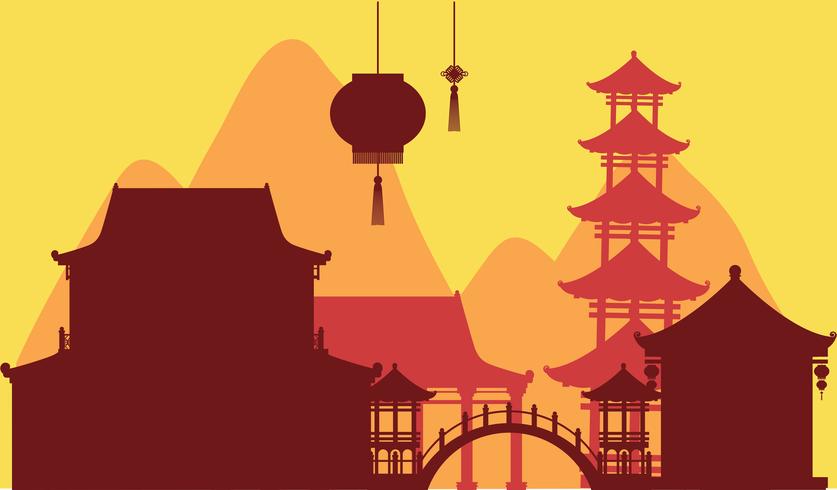 Chinesischer Themahintergrund mit Tempelgebäuden vektor