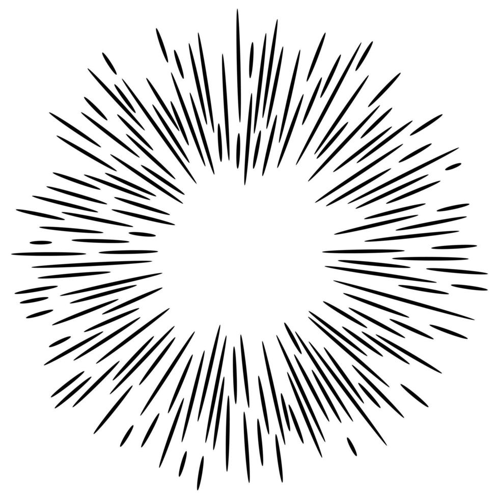 starburst, sunburst handritad. designelement fyrverkerier svarta strålar. komisk explosionseffekt. utstrålande, radiella linjer. vektor