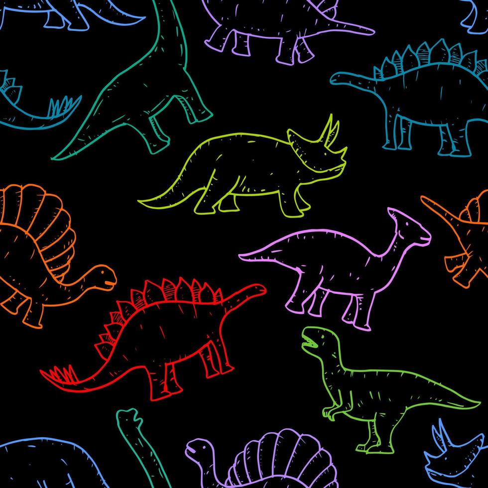 sömlösa mönster av handritad vektor doodle dinosaurie illustration. tecknad dinosaurie för, affischdesign, t-shirttryck, webb, bakgrund.