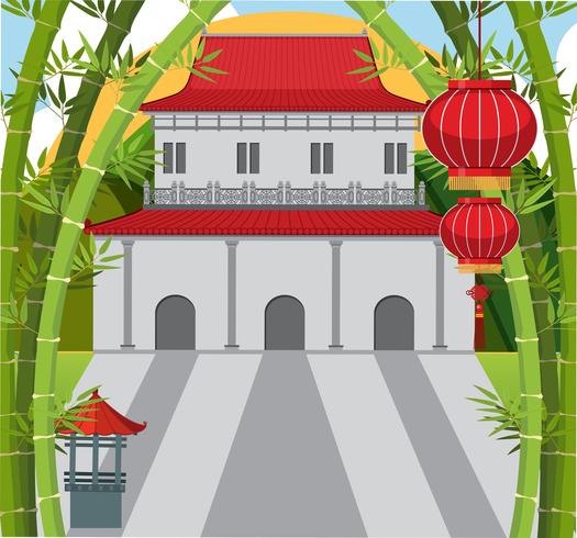 Bakgrundsscen med kinesisk byggnad och bambu vektor