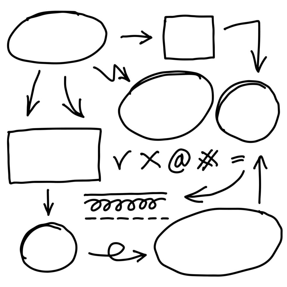 Gekritzellinien, Pfeile, Kreise und Kurven vector.hand gezeichnete Gestaltungselemente lokalisiert auf weißem Hintergrund für Infografik. Vektor-Illustration. vektor