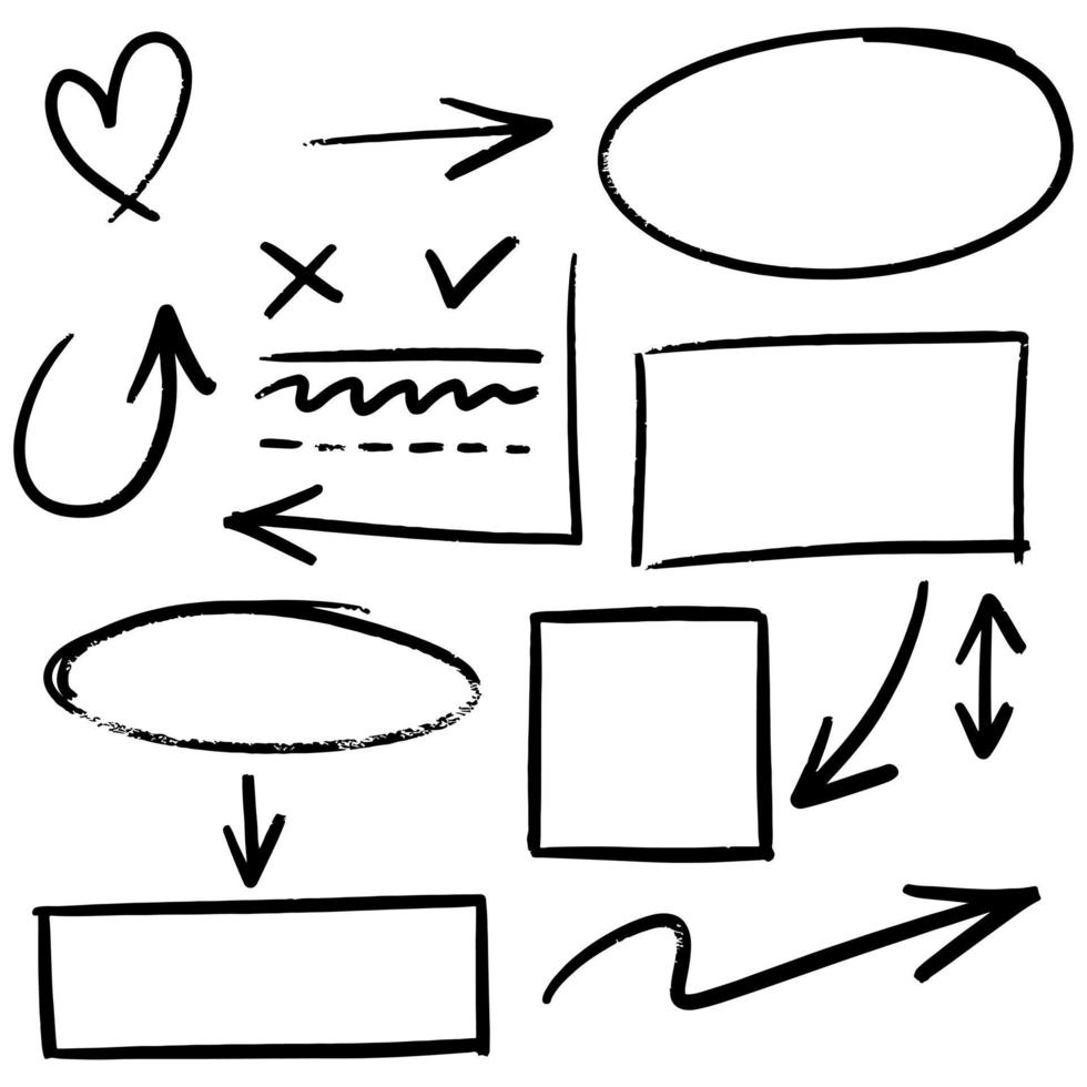 Gekritzellinien, Pfeile, Kreise und Kurven vector.hand gezeichnete Gestaltungselemente lokalisiert auf weißem Hintergrund für Infografik. Vektor-Illustration. vektor