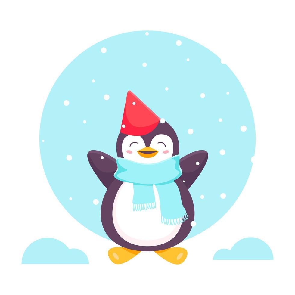 Pinguin in einem Schal, eine Mütze freut sich im Schnee. weihnachten und neujahr. lustige Zeichentrickfigur eines netten Pinguins. Weihnachtspinguin, Maskerade. Vektor-Illustration vektor