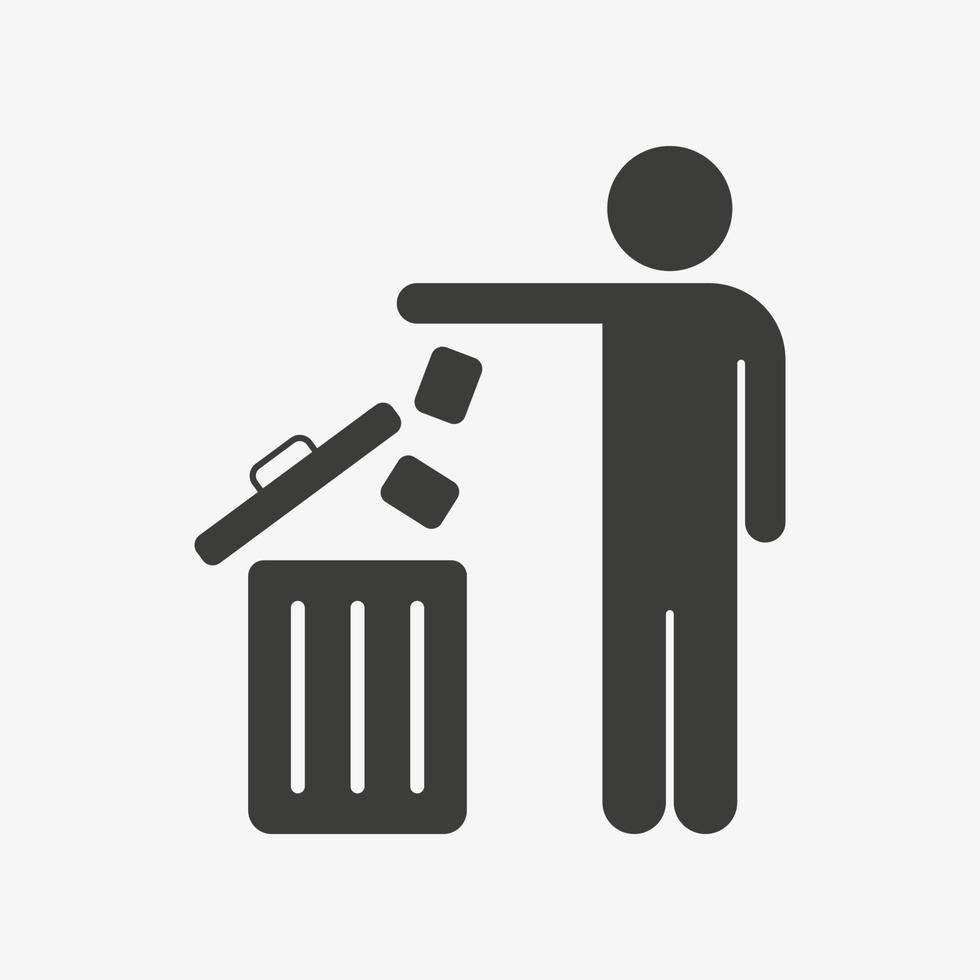 Mann wirft Müll in einen Korb, Vektorsymbol auf weißem Hintergrund, Müll, Müll, Müllsymbol vektor