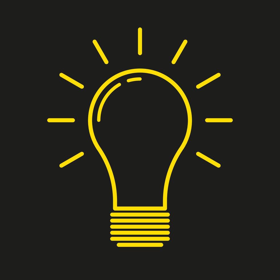 gul glödlampa kontur ikon vektor isolerad på svart bakgrund. idé, tänkande, lösning, innovationssymbol. elektrisk lampa