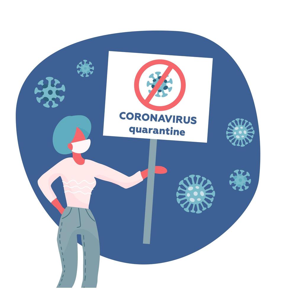 mers-cov - mellanöstern respiratoriskt syndrom coronavirus, nytt coronavirus 2019-ncov, kvinna med medicinsk ansiktsmask och banderoll i handen. begreppet coronavirus karantän vektor