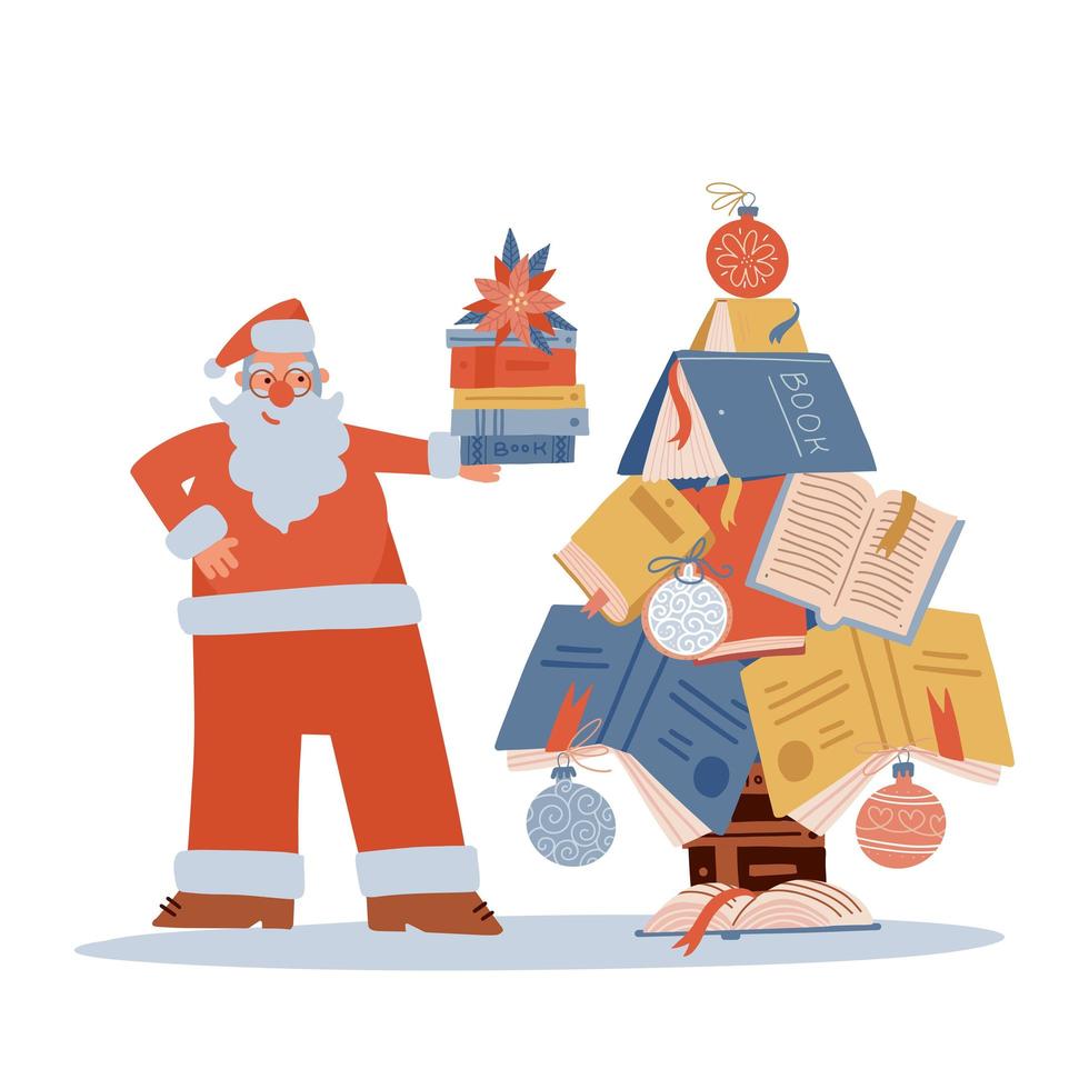 süßer weihnachtsmann, der einen stapel bücher in der nähe des weihnachtsbaums aus büchern hält. weihnachten, neujahrsgruß flache vektorillustration für bildungsprojekte. vektor