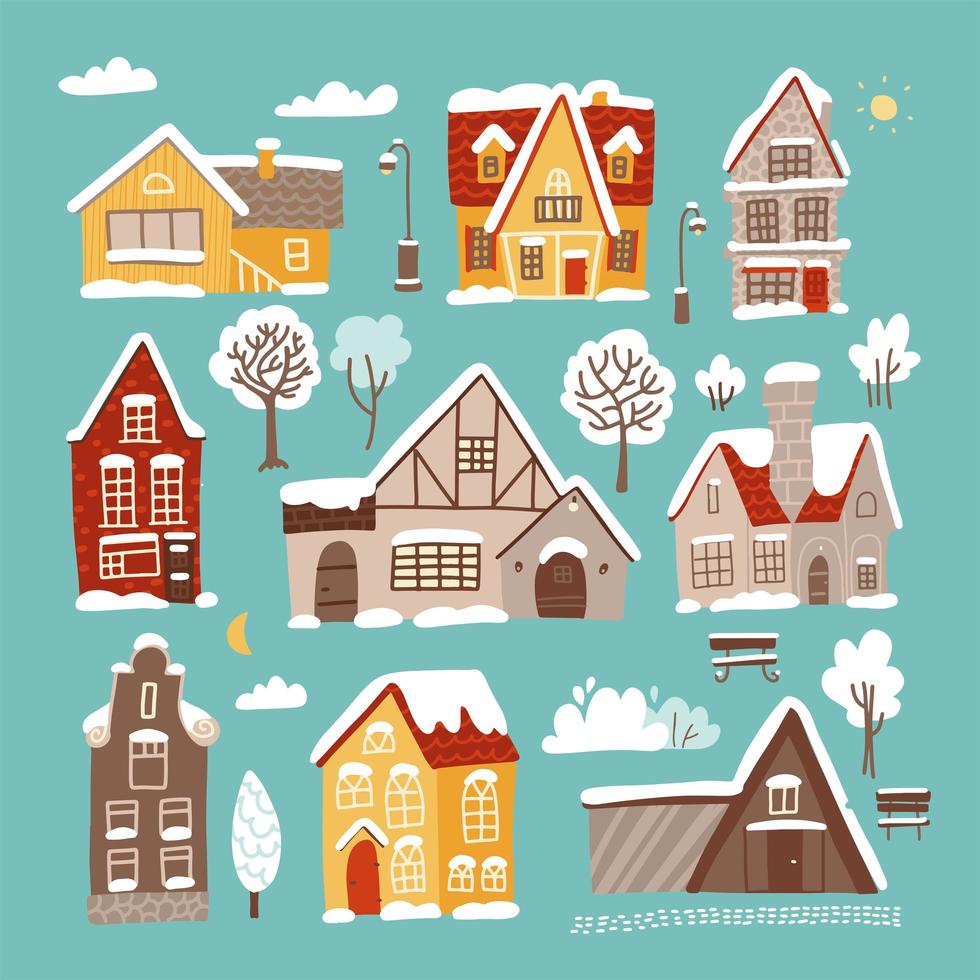 olika vinterhus set. tegel och trä julhus täckta med snö. vinter bakgrund med tecknade landsbygden byggnader. vintertid landskapskonstruktör. vektor