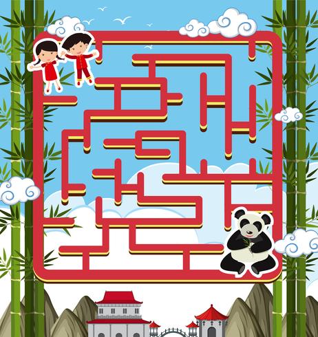 Labyrinthspielschablone mit Panda und Kindern vektor