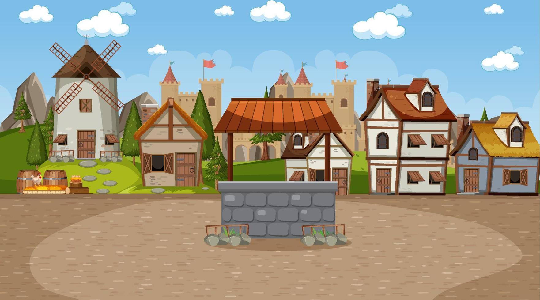 medeltida stadsscen med bybor vektor