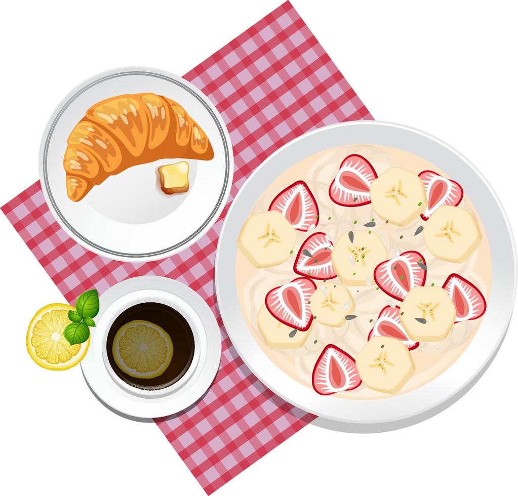 ovanifrån frukost set, croissant och bordstablett på vit bakgrund vektor
