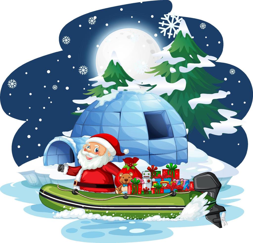 verschneite Nacht mit dem Weihnachtsmann, der Geschenke mit dem Boot liefert vektor