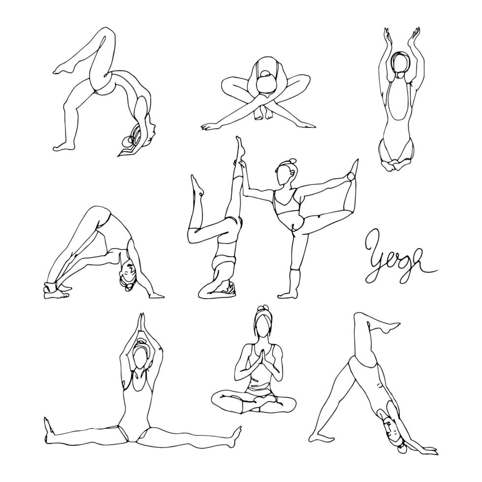 kvinna i olika yogaställningar handritad skiss. vektor