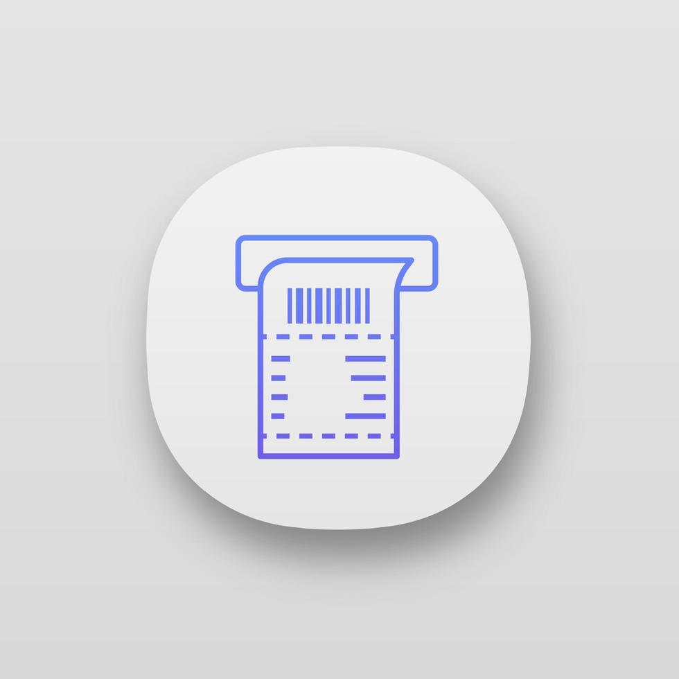 Symbol für die App für Geldautomaten. ui ux-Benutzeroberfläche. Zahlungsterminal Papierscheck. Rechnung. Quittung. Web- oder mobile Anwendung. isolierte Vektorgrafik vektor