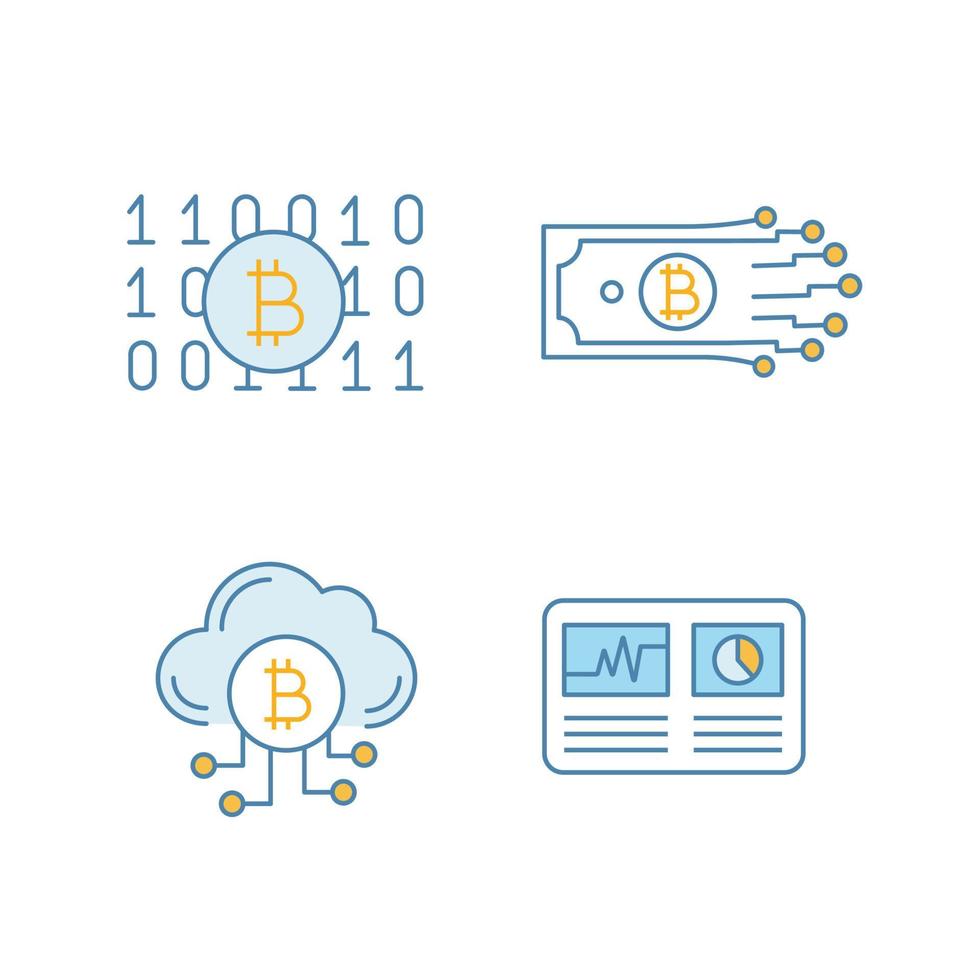 Bitcoin-Kryptowährungs-Farbsymbole gesetzt. Binärcode, digitales Geld, Cloud-Mining, Hashrate. isolierte vektorillustrationen vektor