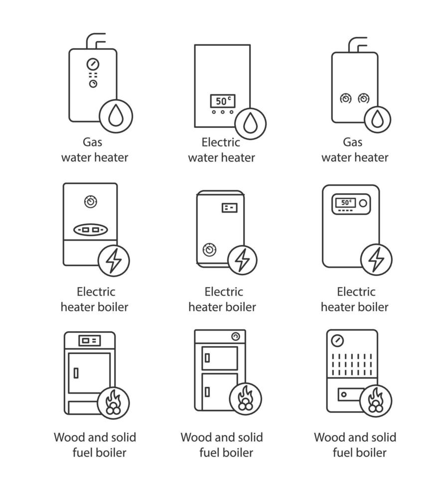 Heizung lineare Symbole gesetzt. dünne Linienkontursymbole. Gas, Elektro, feste Brennstoffe, Boiler und Warmwasserbereiter. gewerbliche, industrielle und private Zentralheizungssysteme. editierbarer Strich vektor