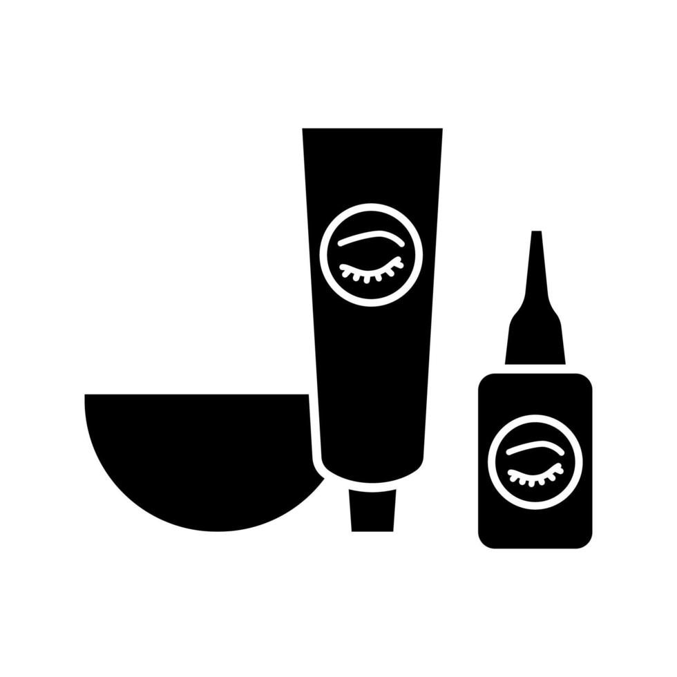 Glyphen-Symbol für Augenbrauen und Wimpernfärbekit. Schale, Tönung und Oxidationsmittel-Aktivator. Augenbrauen färben. Augenbrauen-Make-up-Produkte. Silhouettensymbol. negativer Raum. vektor isolierte illustration