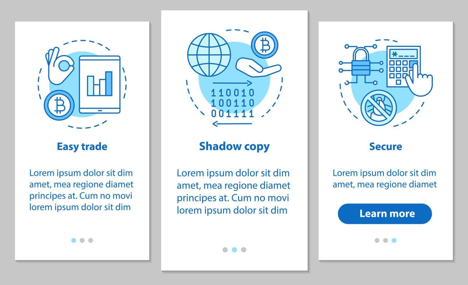 internetföretag onboarding mobil app sidskärm med linjära koncept. appen för handel online. enkel handel, skuggkopia, instruktioner för digitala säkerhetssteg. ux, ui, gui vektorillustrationer vektor