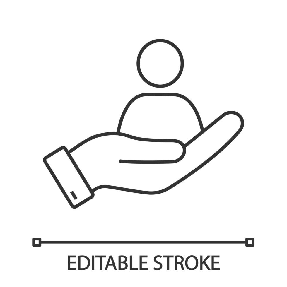 Lineares Symbol für die Personalverwaltung. Personal einstellen. dünne Liniendarstellung. Beschäftigung. Rekrutierungsdienst. Hand mit Person. Kontursymbol. Vektor isoliert Umrisszeichnung. editierbarer Strich