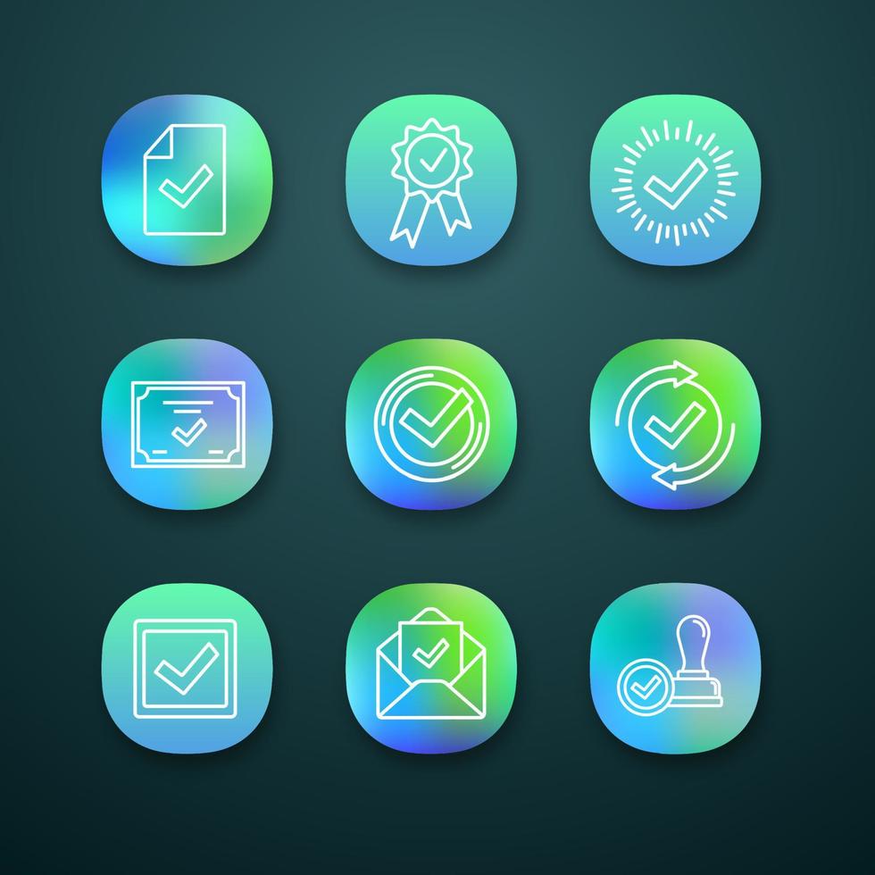 App-Icons genehmigen. Dokumentenprüfung, Auszeichnungsmedaille, Häkchen, Zertifikat, Prüfprozess, Kontrollkästchen, E-Mail-Bestätigung, genehmigter Stempel. ui ux-benutzeroberfläche. Vektor isolierte Illustrationen