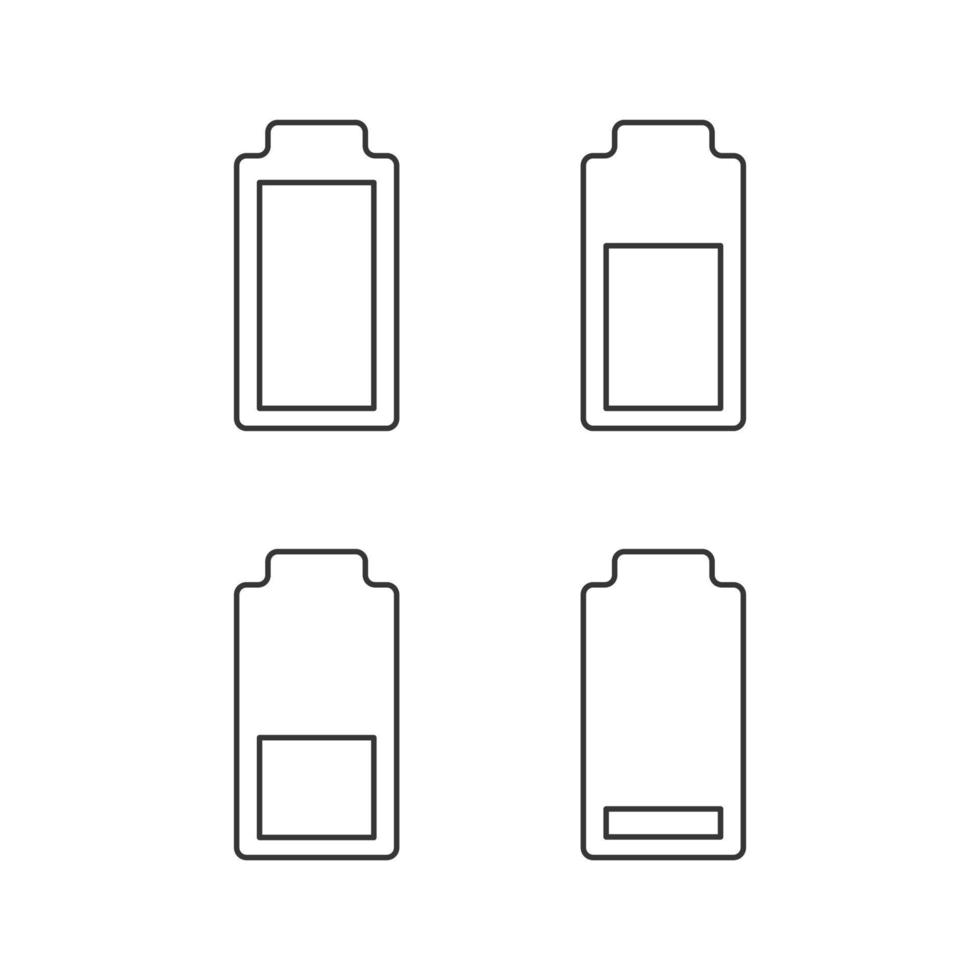 Lineare Symbole zum Aufladen des Akkus festgelegt. Batteriestandsanzeigen. niedrige, mittlere und hohe Ladung. dünne Linienkontursymbole. isolierte vektorumrissillustrationen. editierbarer Strich vektor