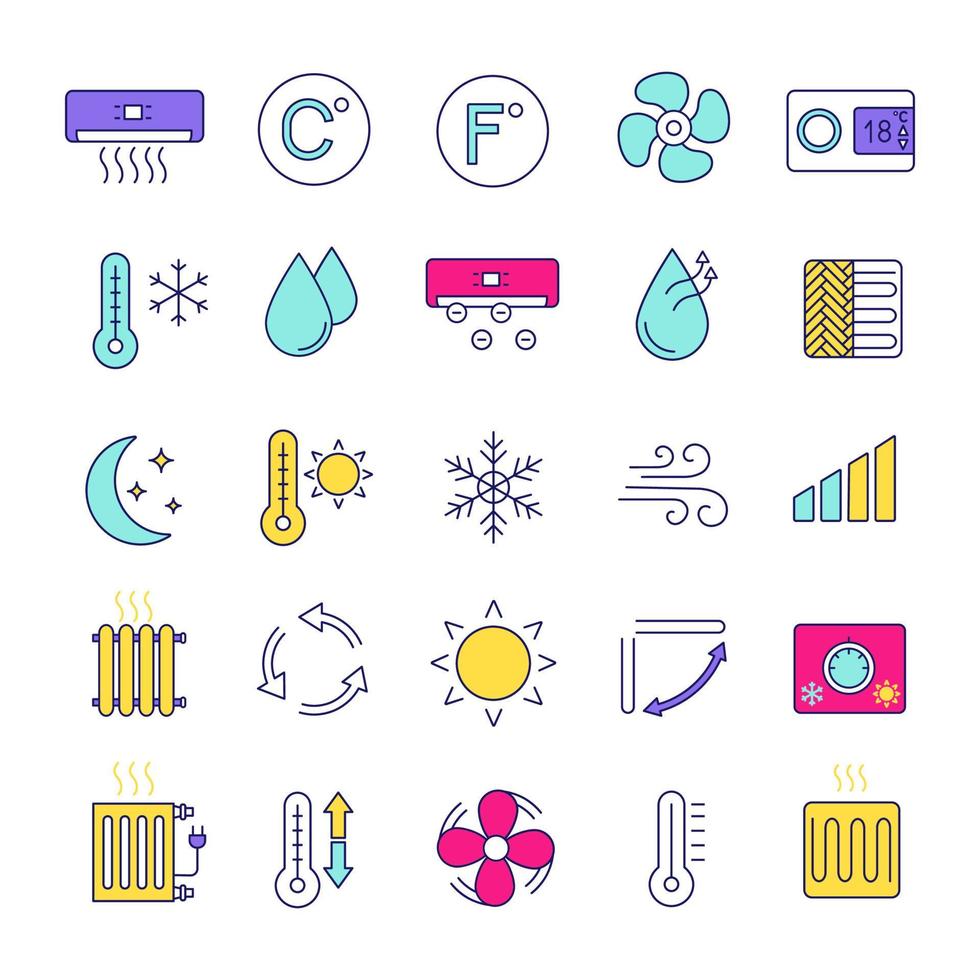 luftkonditionering färg ikoner set. luftuppvärmning, befuktning, jonisering, ventilation. klimatkontroll. isolerade vektorillustrationer vektor