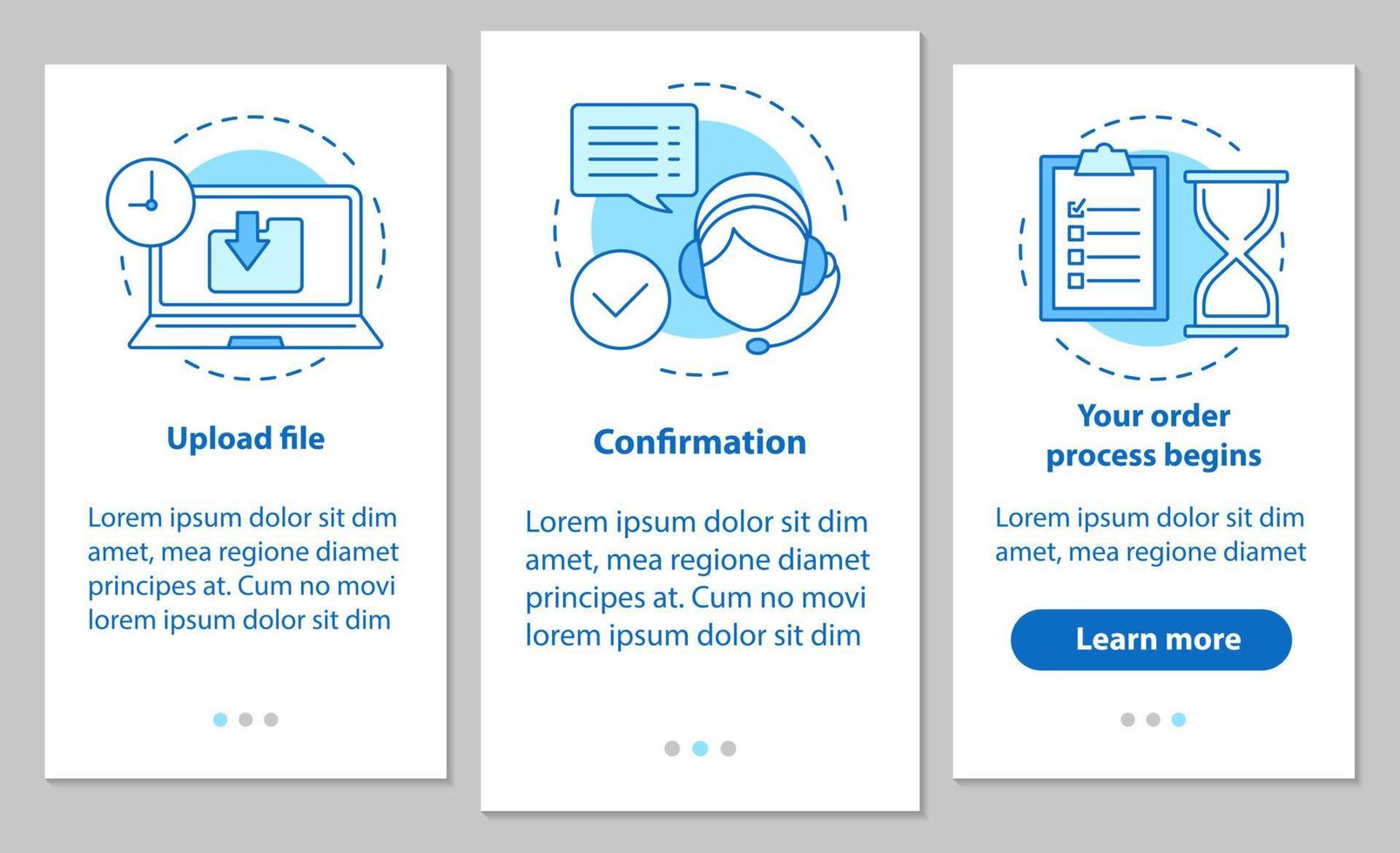 kundsupport onboarding mobil app sidskärm med linjära koncept. ladda upp fil, bekräftelse, orderhantering. instruktioner för digitala servicesteg. ux, ui, gui vektormall med illustrationer vektor