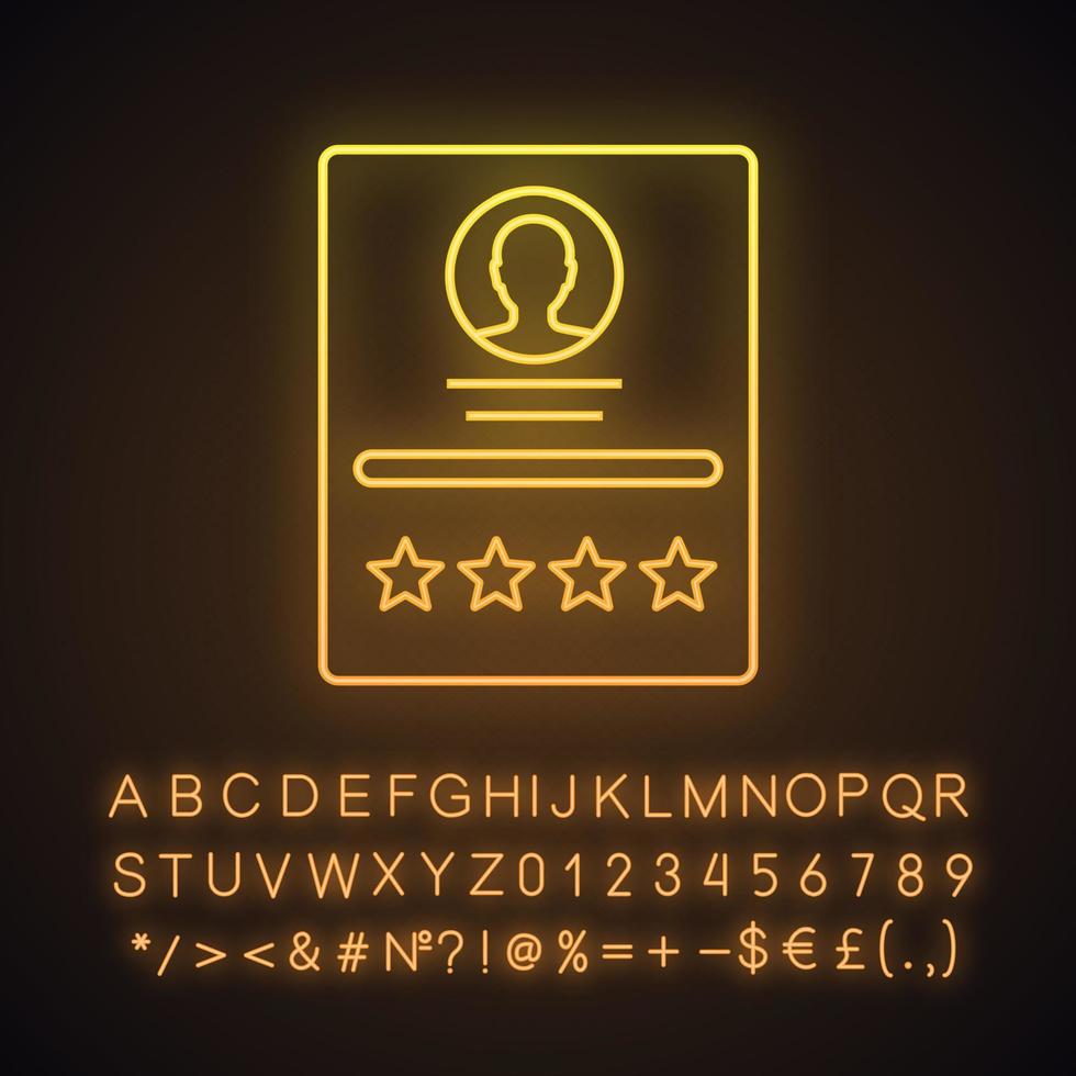 Kundenrezension Neonlicht-Symbol. Benutzerprofil, Lebenslaufbewertung. Feedback. Verkäufer-Bewertung. leuchtendes zeichen mit alphabet, zahlen und symbolen. vektor isolierte illustration