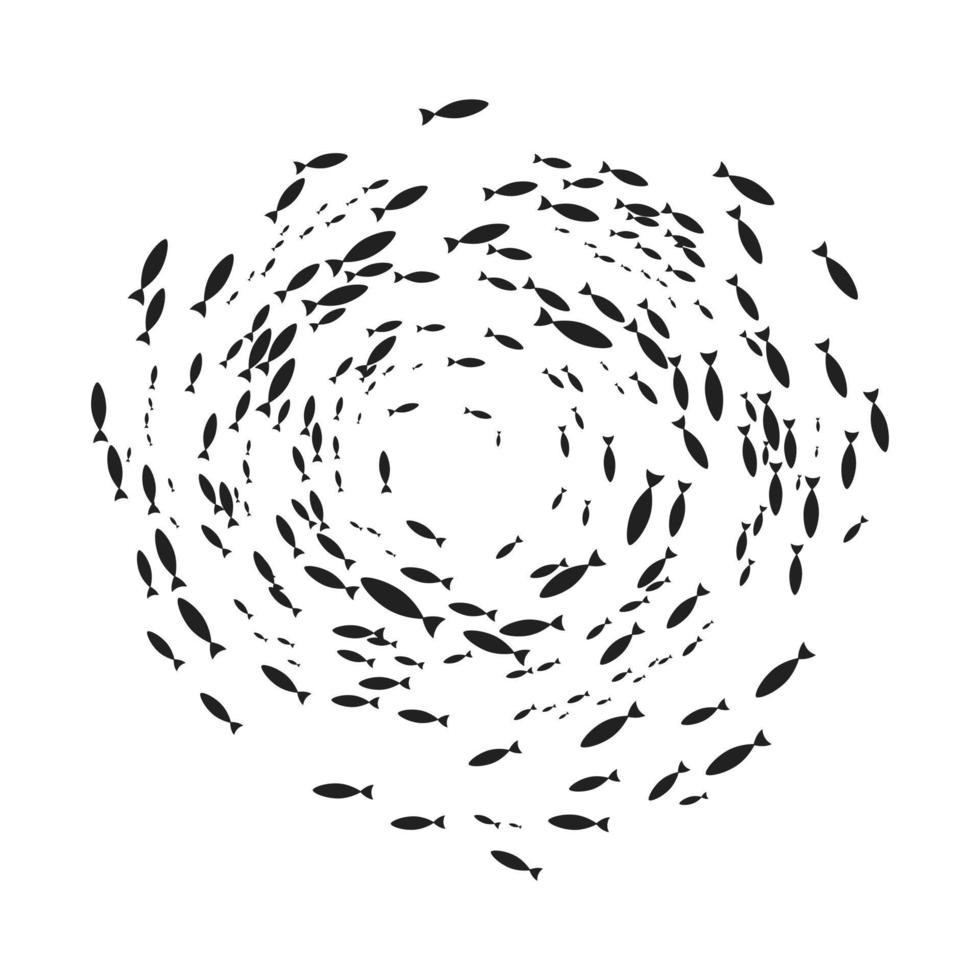 Silhouetten Fischschwarm mit Meereslebewesen in verschiedenen Größen schwimmende Fische in der flachen Stildesign-Vektorillustration des Kreises. vektor