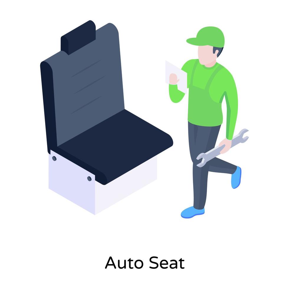 person med bilbarnstol och skiftnyckel, isometrisk ikon vektor