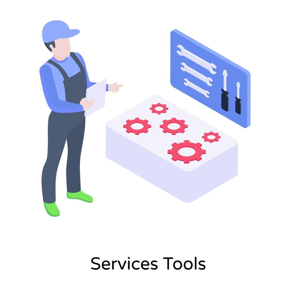 person mit zahnrädern, schraubenschlüsseln, schraubendrehern, isometrischer ikone von dienstleistungswerkzeugen vektor