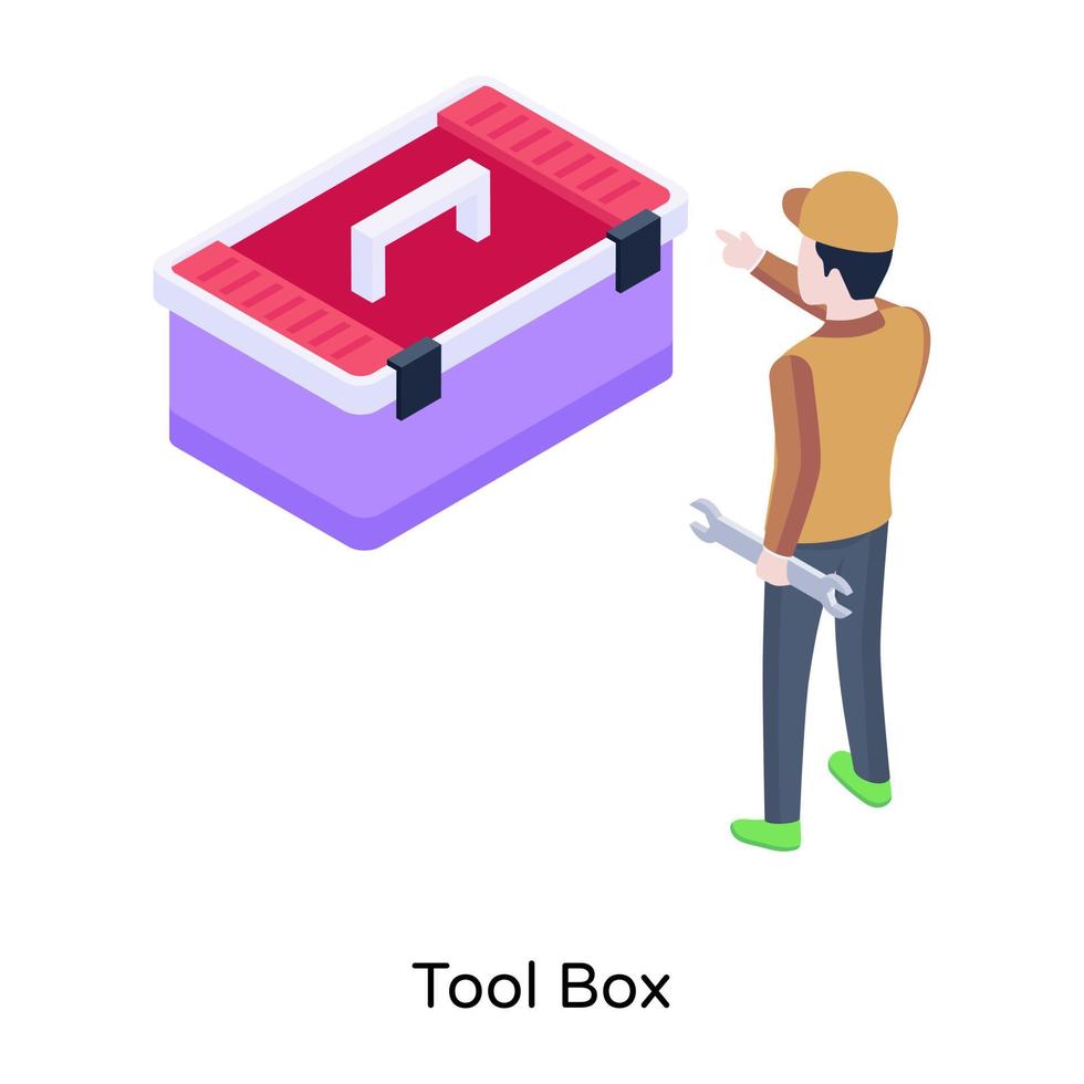 person med skiftnyckel och verktygslåda, isometrisk ikon vektor