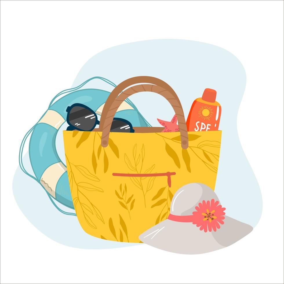 weibliche tasche mit strandzubehör sonnencreme, sonnenbrille, hut, rettungsring. satz sommergestaltungselemente. kann für urlaubsplakat, strandpartyeinladung, hintergrund, hintergrund, verkaufsförderung verwendet werden vektor