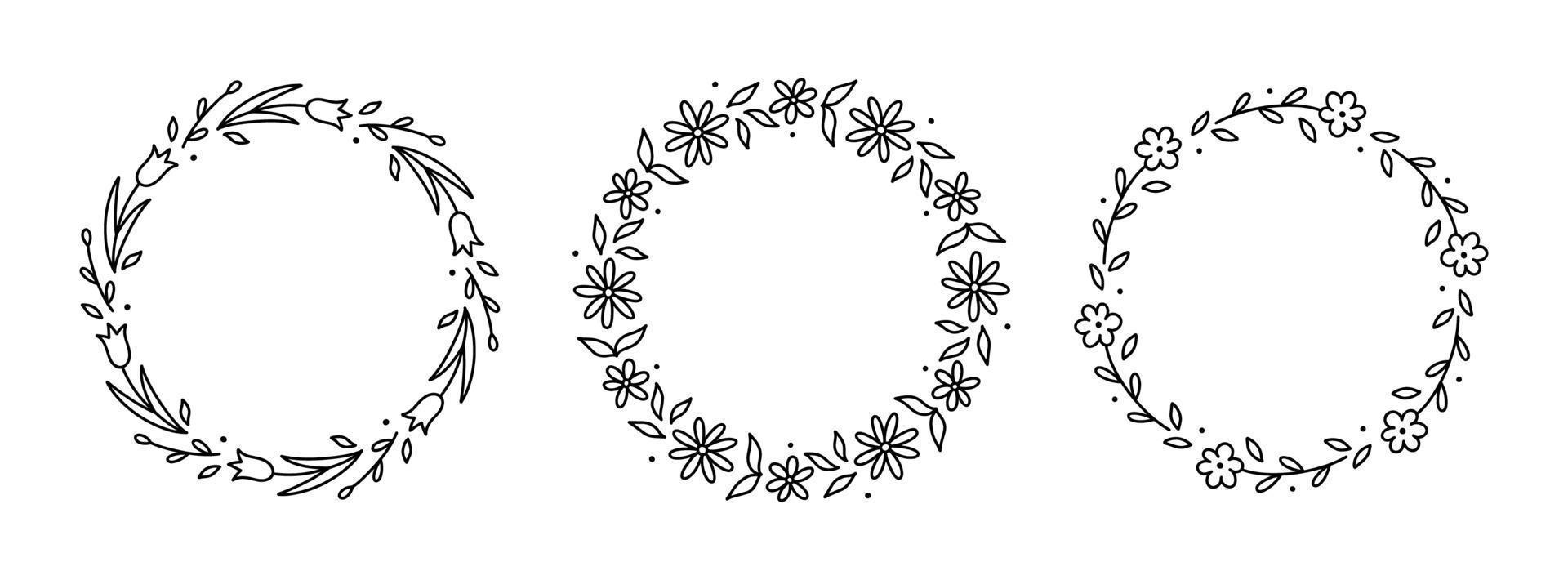 Reihe von Frühlingsblumenkränzen isoliert auf weißem Hintergrund. florale runde rahmen. handgezeichnete Vektorgrafik im Doodle-Stil. Perfekt für Karten, Einladungen, Dekorationen, Logos, verschiedene Designs. vektor