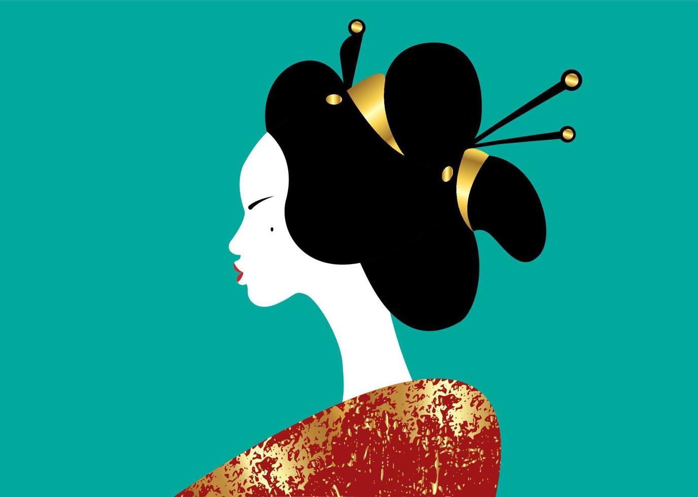 porträtt av den unga japanska flickan antika frisyr. geisha, maiko, prinsessa. traditionell asiatisk kvinna stil. tryck, affisch, t-shirt, kort. vektor illustration isolerad på grön vintage bakgrund