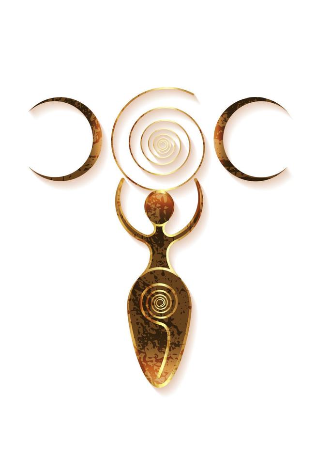 alte dreifache Fruchtbarkeitsgöttin, heidnische Wicca-Symbole, der Spiralkreislauf von Leben, Tod und Wiedergeburt. Wicca Frau Mutter Erde Symbol der sexuellen Fortpflanzung, Goldvektor isoliert auf weißem Hintergrund vektor