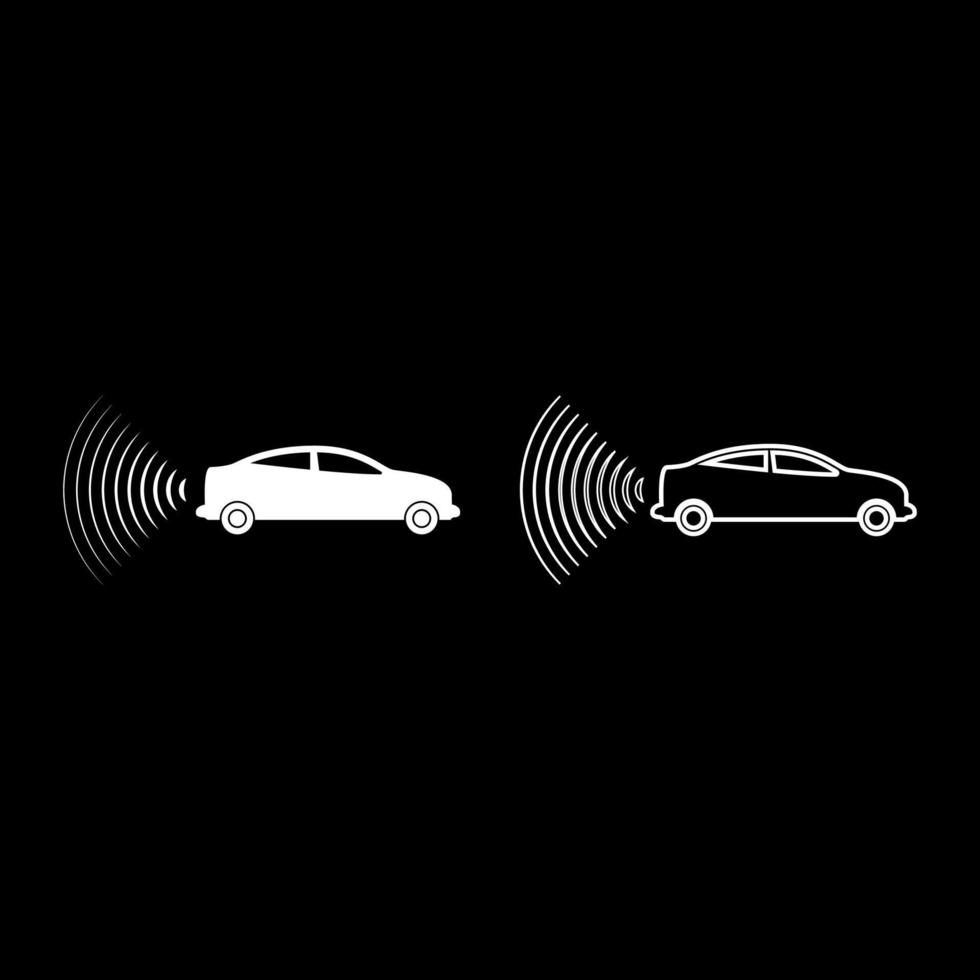 Autoradio signalisiert Sensor intelligente Technologie Autopilot zurück Richtung Set Symbol Farbe weiß Vektor Illustration Bild solide Füllung Umriss Konturlinie dünn flach Stil