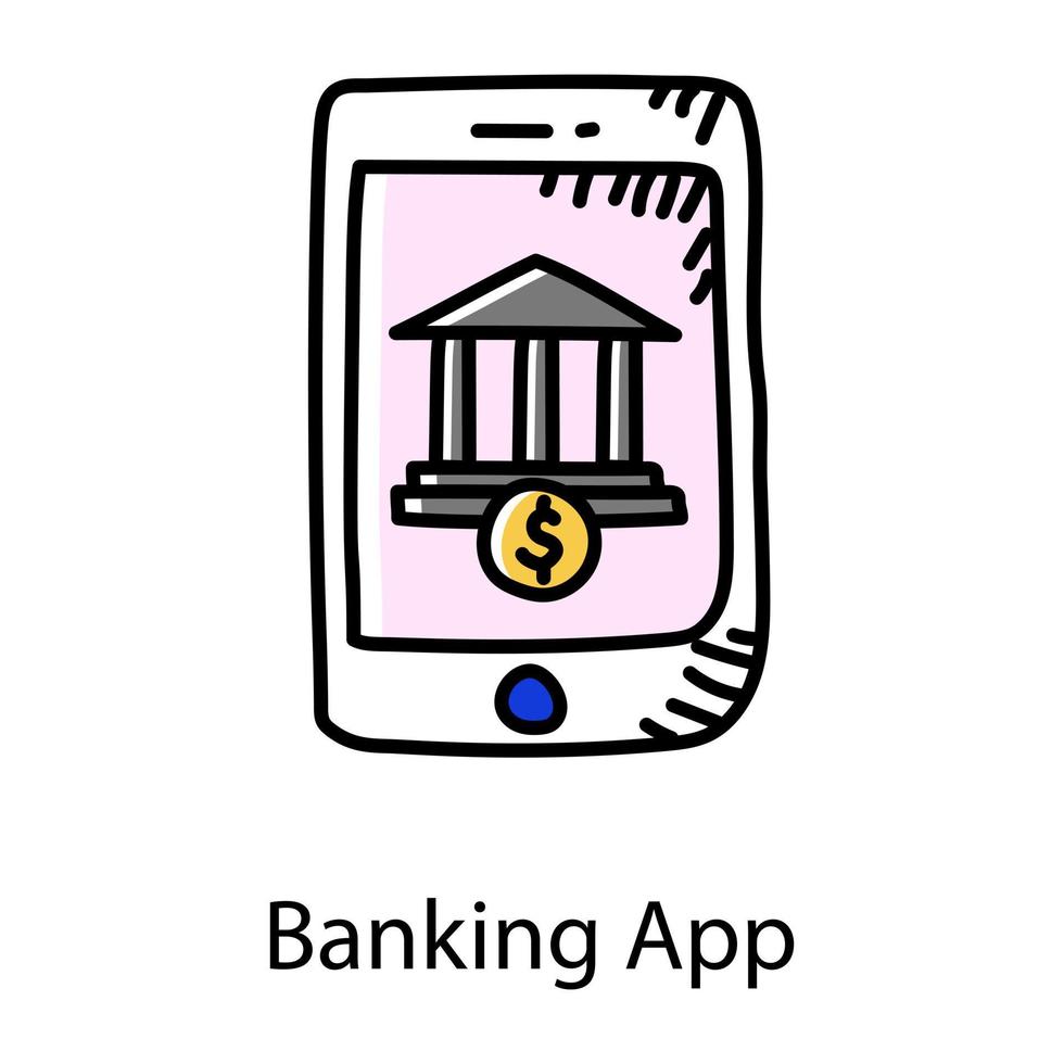 Bank im Handy, das das Doodle-Symbol der Banking-App bezeichnet vektor