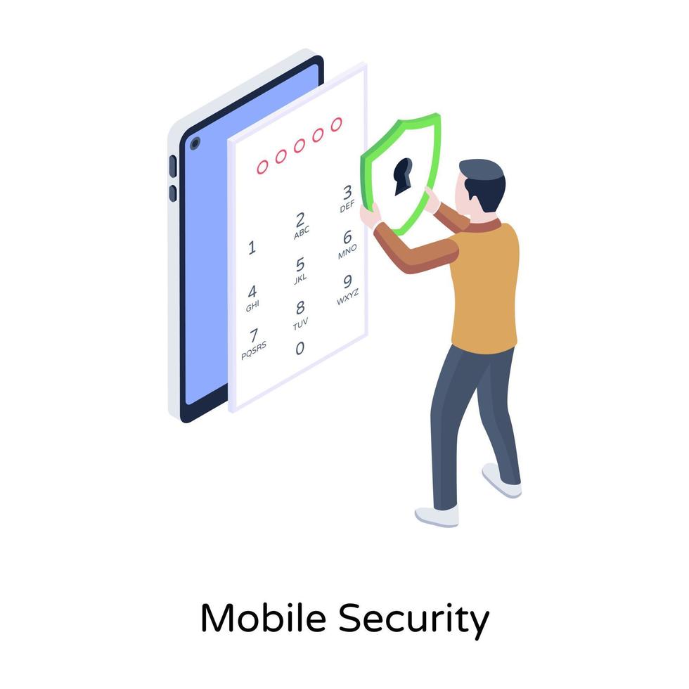 Telefon und Schild, isometrische Ikone der mobilen Sicherheit vektor