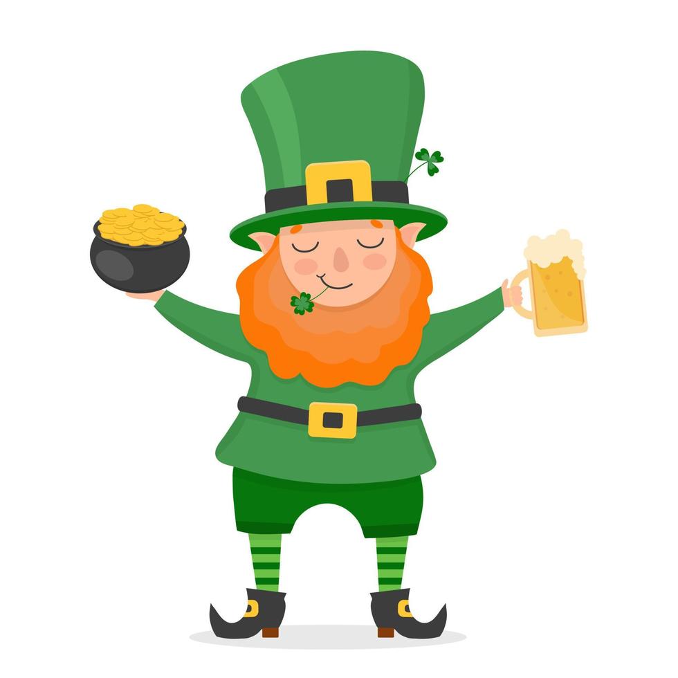 st. patricks day irländsk skäggig gnome man med mugg öl och kruka med guld. söt troll. vektor