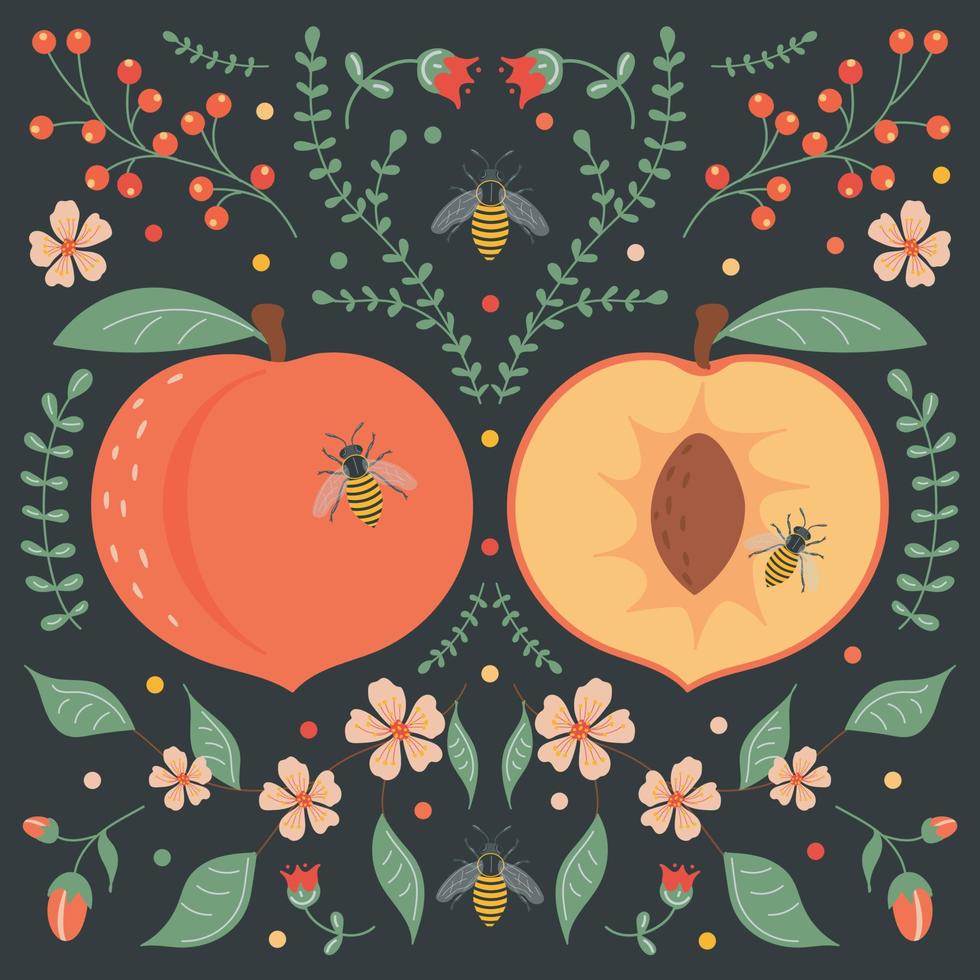 persika på en mörk bakgrund med blommiga element, blommor, löv och bin. vektor