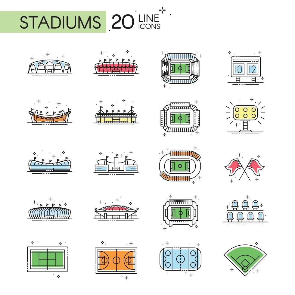 satz von sportstadien und ausrüstungsikonenvektor vektor