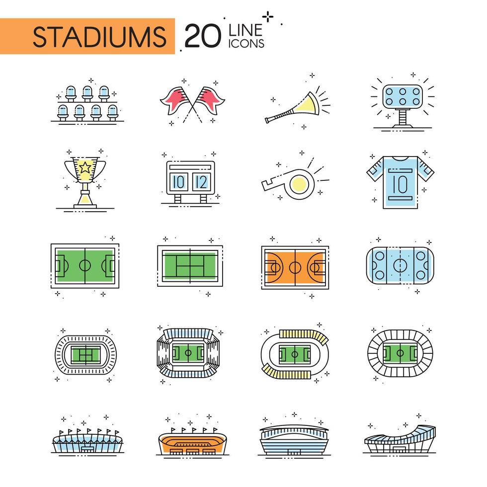 satz von sportstadien und ausrüstungsikonenvektor vektor