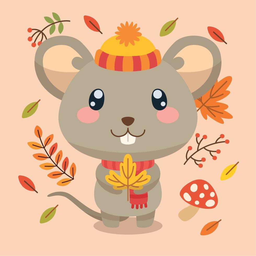 isolerade söt mus karaktär med en hatt som håller en höst löv vektor