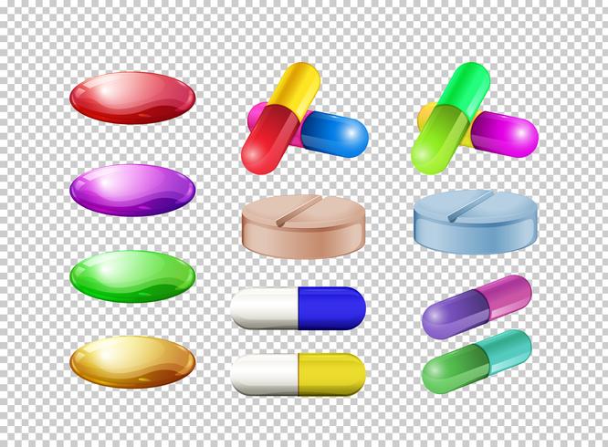 Olika färger av piller på transparent bakgrund vektor