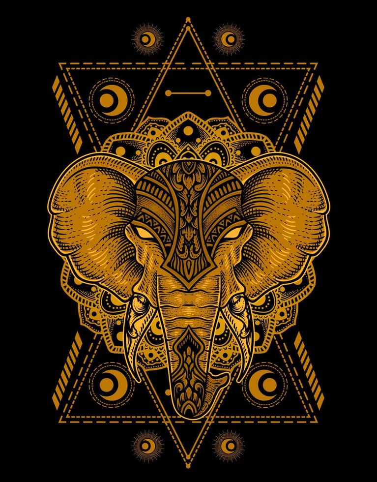 illustration elefanthuvud gravyr stil med helig geometri vektor