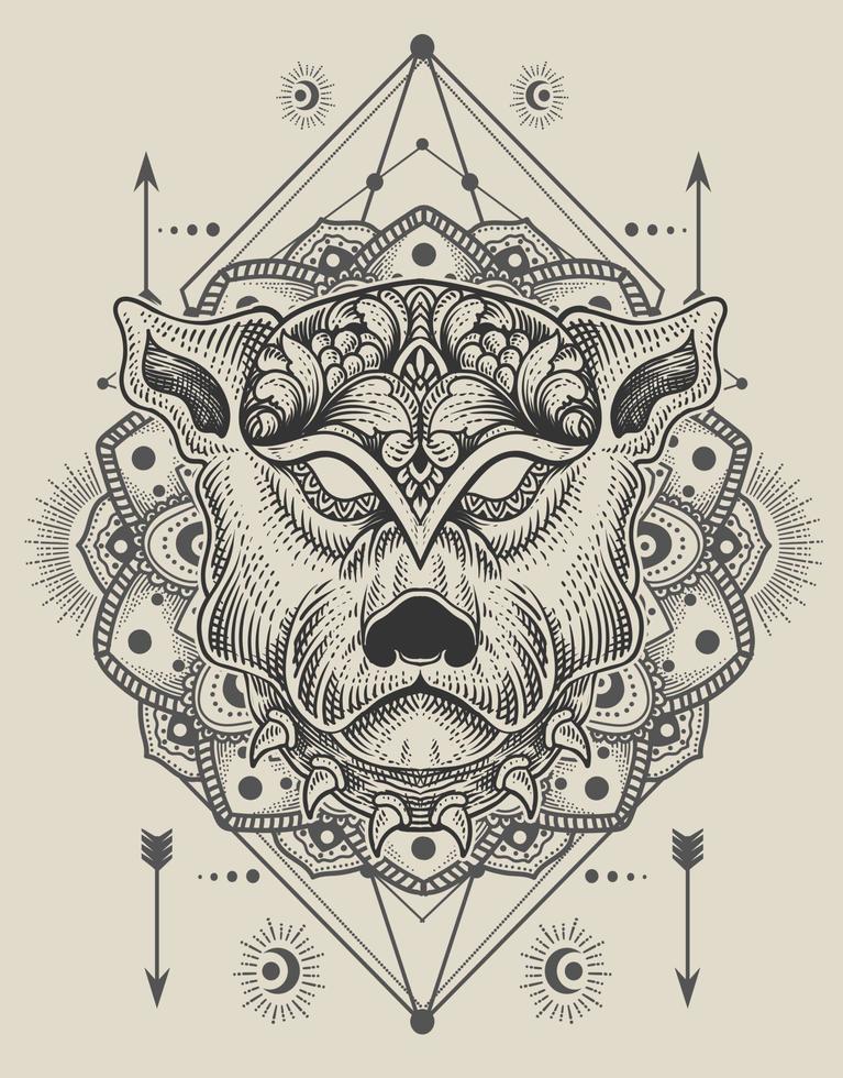 illustration hund huvud gravyr mandala stil vektor