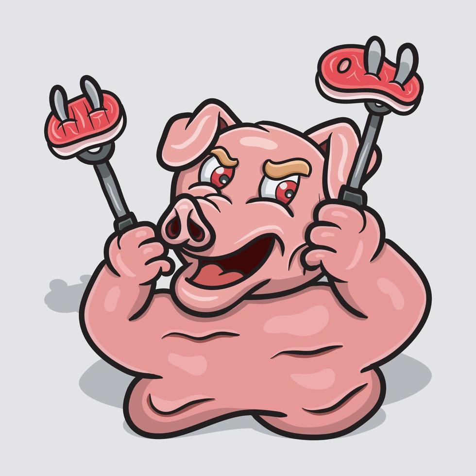 schwein, das fleischmaskottchenkarikatur hält. ClipArt-Vektor. vektor