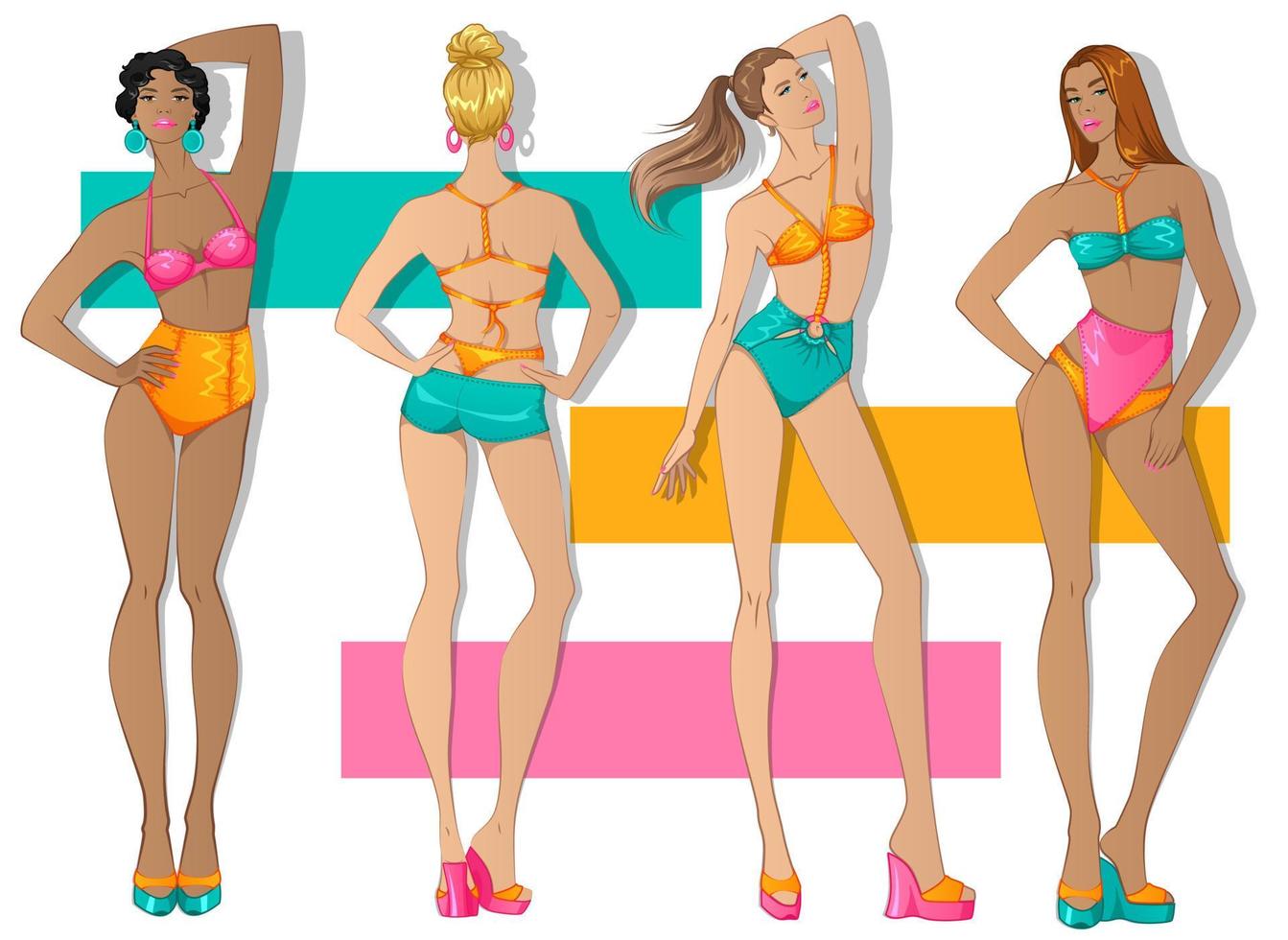 modedesignfiguren, die eine bunte badeanzugkollektion tragen. Originaldesigns, inspiriert von der Landebahn des Sommers 2022 vektor